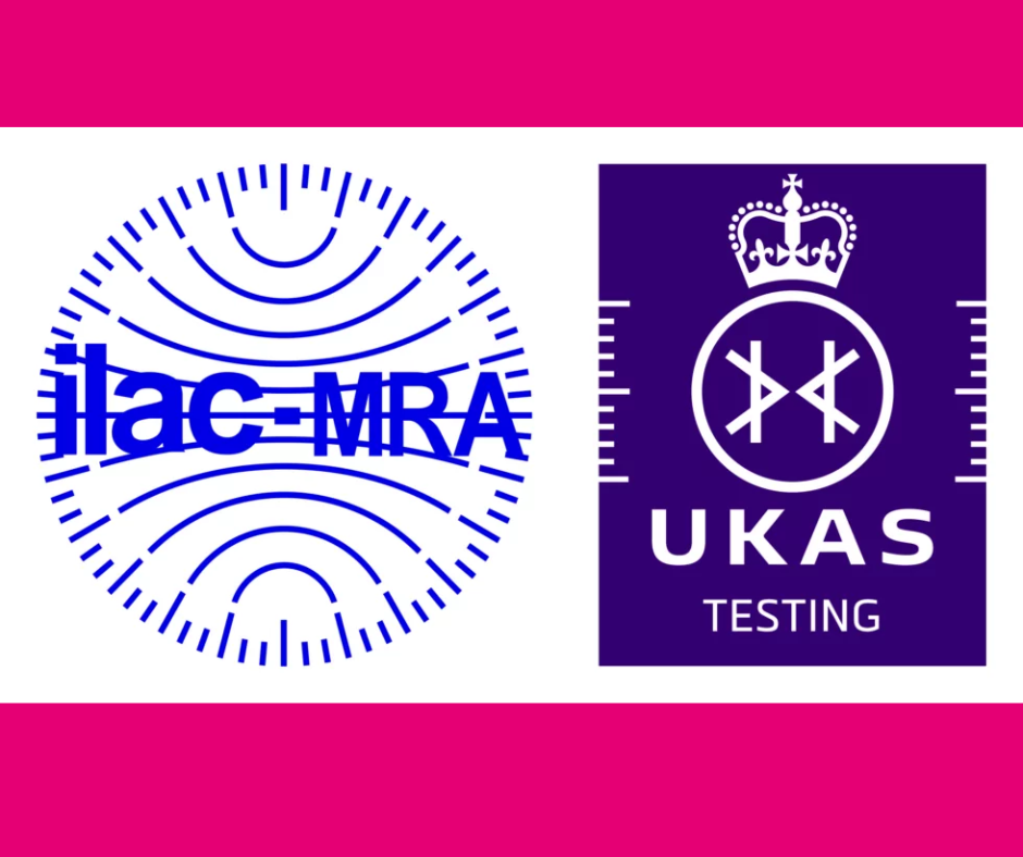 A round globe with degree points around the edge in Navy blue, titled Ilac and the UKAS accreditation logo on the right of it in purple/blue.