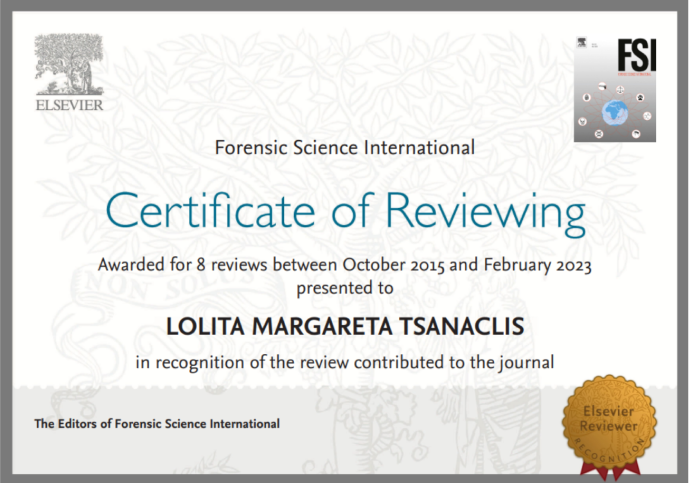 Dr Lolita Tsanaclis has been awarded a certificate of reviewing for her numerous scientific reviews and papers