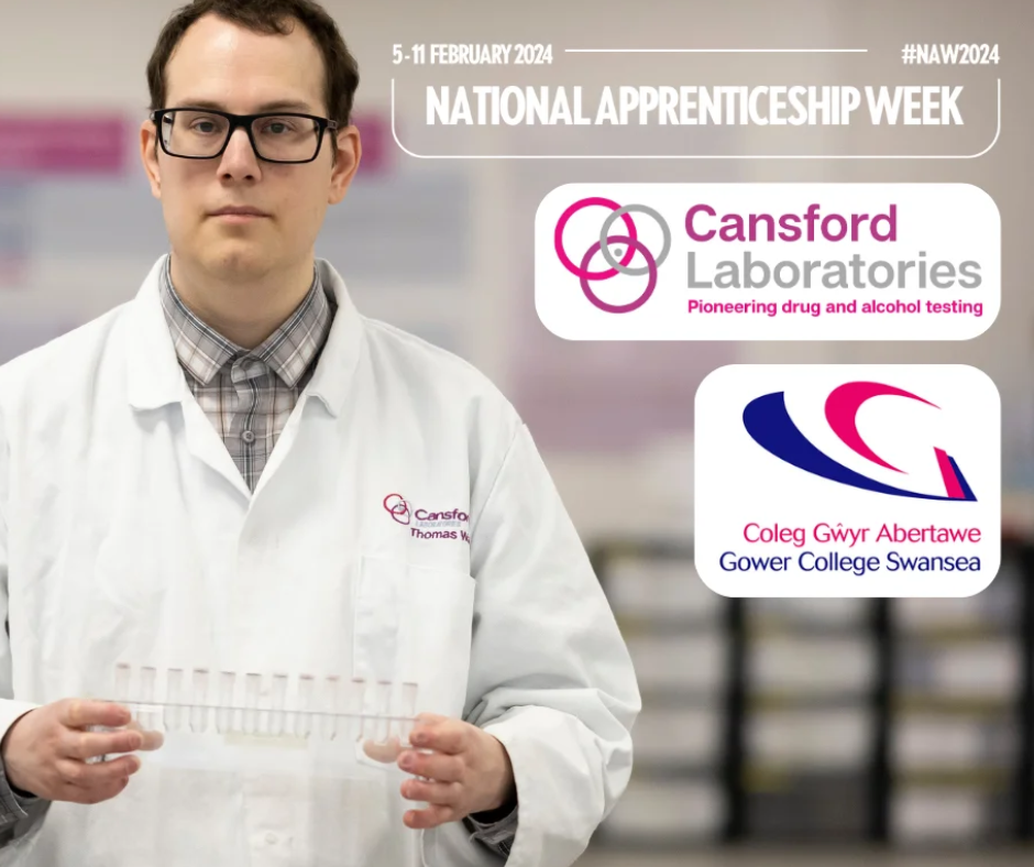 Thomas Watkins is an apprentice at Cansford Laboratories. with dark hair, glasses and a bright white lab coat, he is holding a pipette holder - Apprenticeship week 2024
