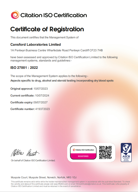 This is a Citation ISO Certificate which qualifies Cansford Laboratories to ISO Standard 27001 : 2022 Management System.