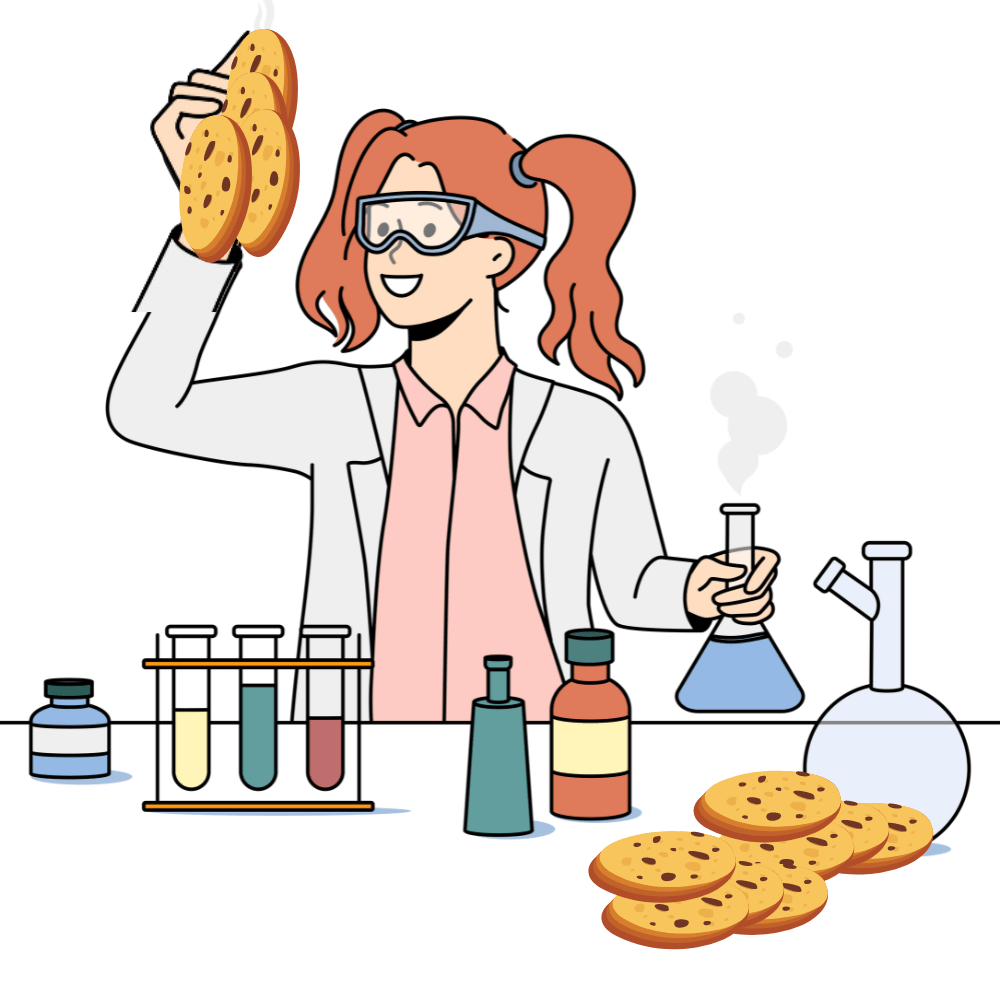 An illustration showing a young female scientist analysing actual cookies on a lab bench