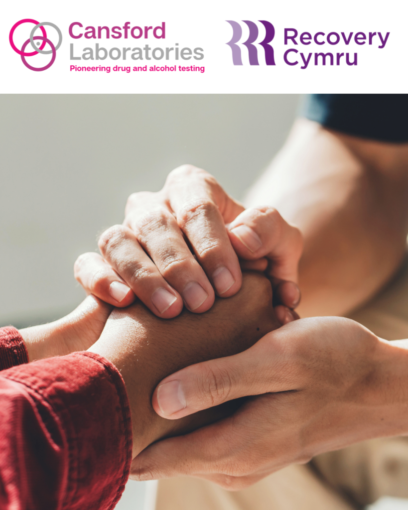 Image of hands clasped together with the Cansford Laboratories and Recovery Cymru logos