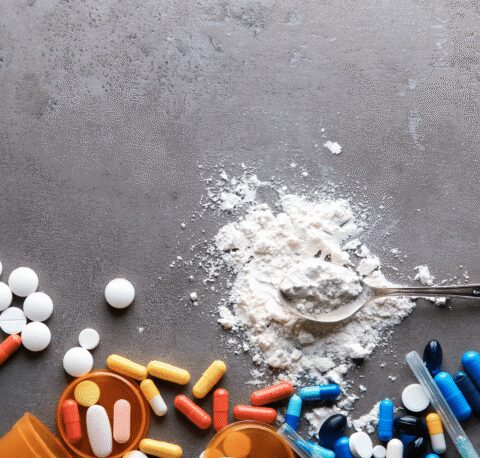 Flat lay of illicit drugs